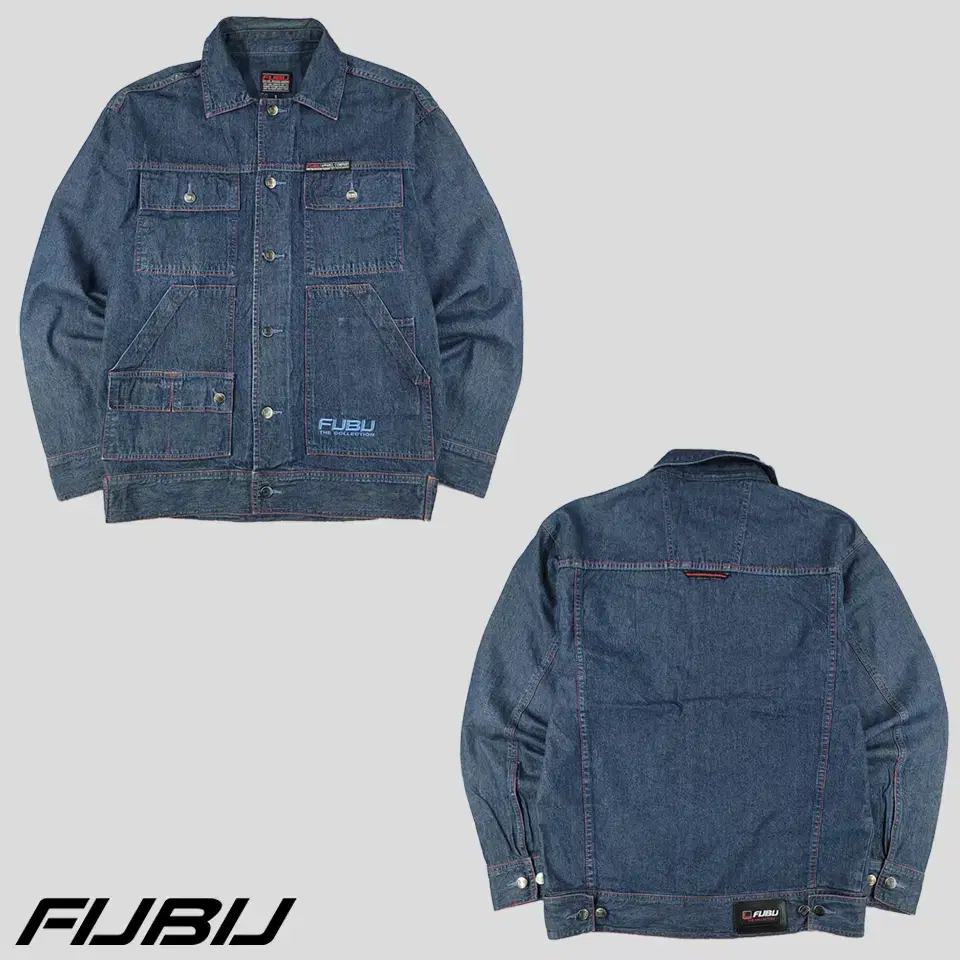 FUBU 푸부 후부 진청워싱 인디고 레드 스티치라인 멀티포켓 오버핏 올드